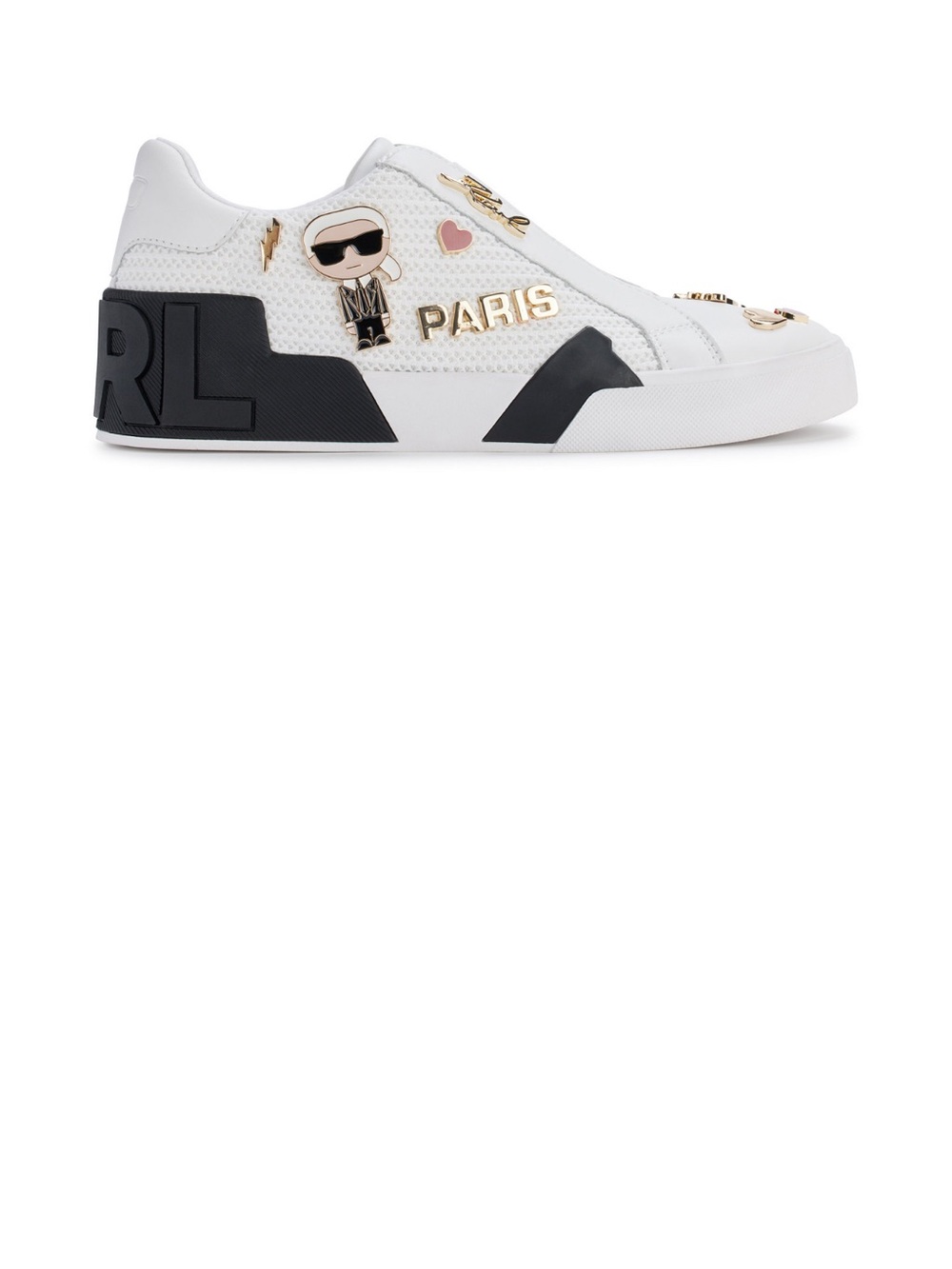 Karl Lagerfeld  women’s White Sneakers with Black Heel and Gold Pins